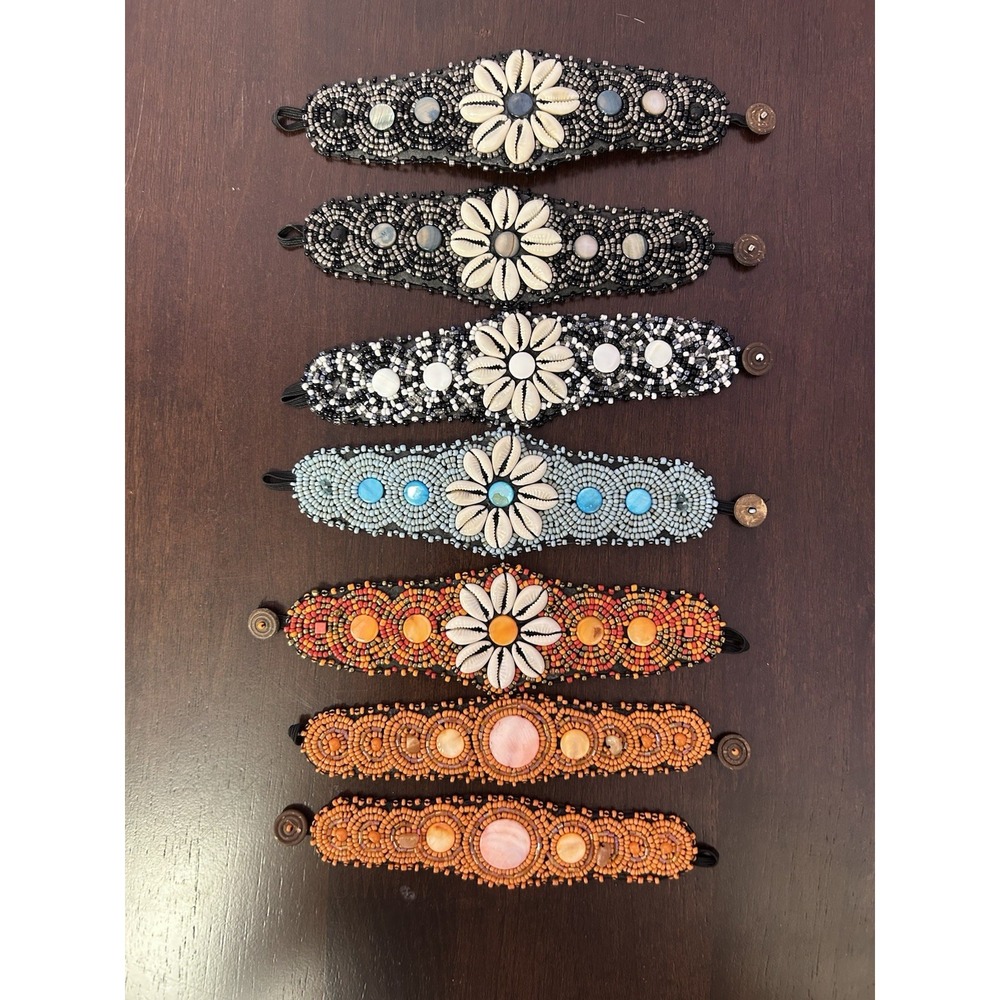 Vintage Handmade Indonesian Bead Shell Bracelets Lot of 7 Bali Boho Beaded Shell